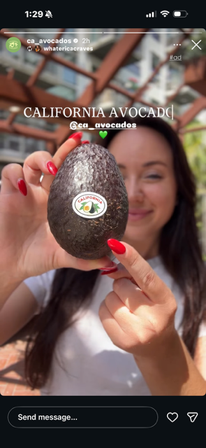 Consumer influencer promoting CA avocados