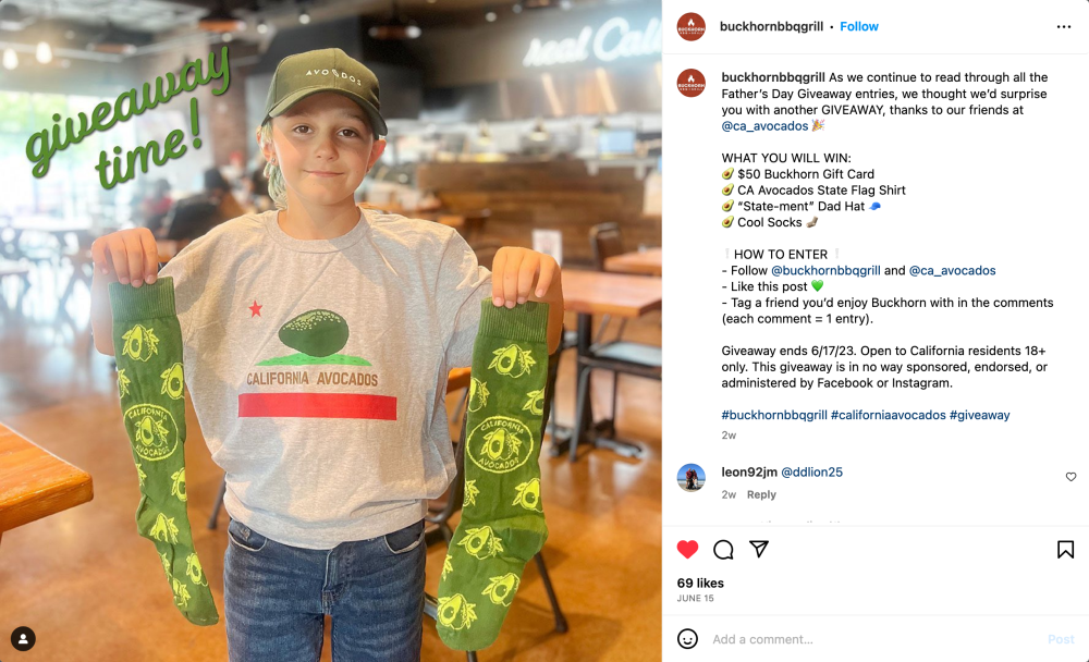 Buckhorn BBQ + Grill social media channels hosted a fan giveaway of California Avocados brand merchandise. 