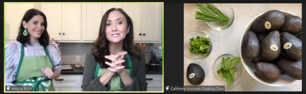 The hosts of the virtual charcuterie class, Erica Domesek and Meg Quinn preparing their ingredients, including California avocados, at the start of the virtual cooking class.