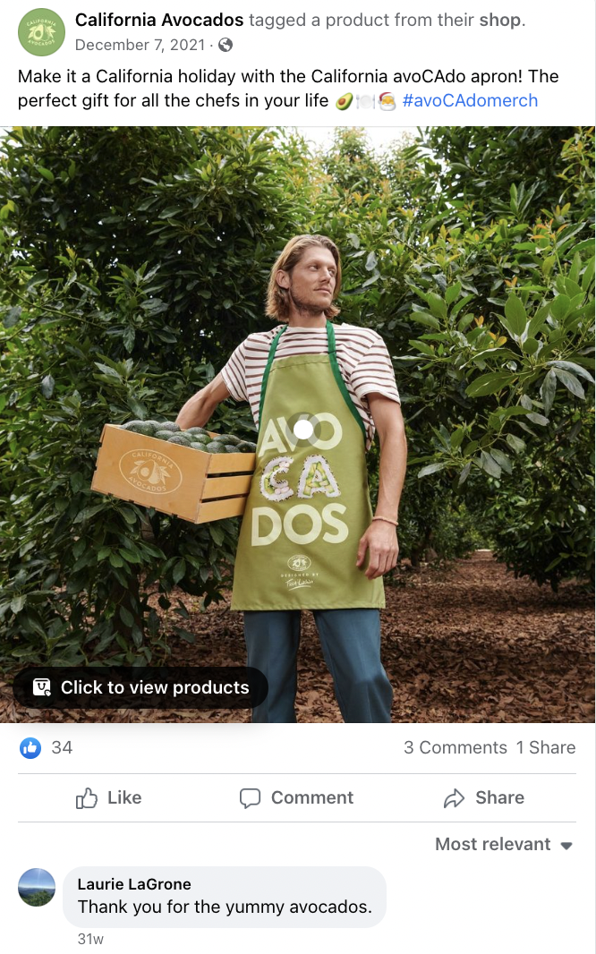 On Instagram, posts showcased California avocado merchandise and encouraged consumers to visit the California avocado merch shop.