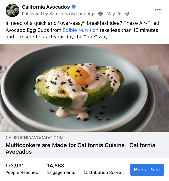 This quick-and-easy California avocado breakfast idea used an on-trend air fryer/multicooker technique popular in Facebook social conversations.