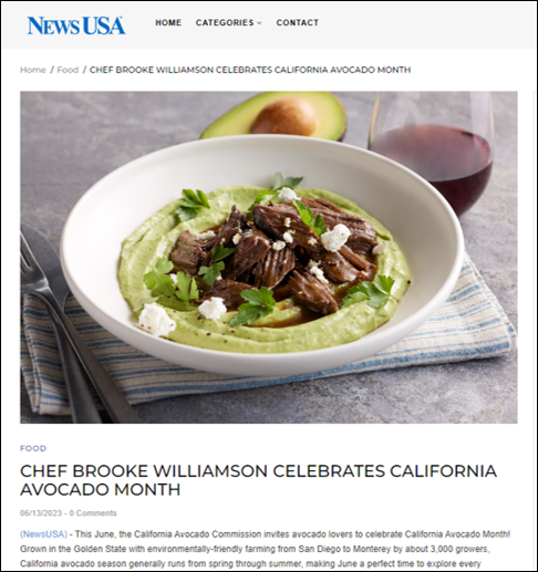 CAC’s mat release showcased the partnership with Chef Williamson and the California-avocado centric recipes available at her restaurant during California Avocado Month.