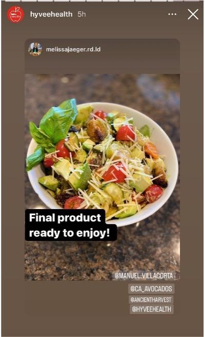 During the virtual lunch preparation session, Hy-Vee dietitians shared the progress they were making in real time on social media platforms and the newly established @hyveehealth.