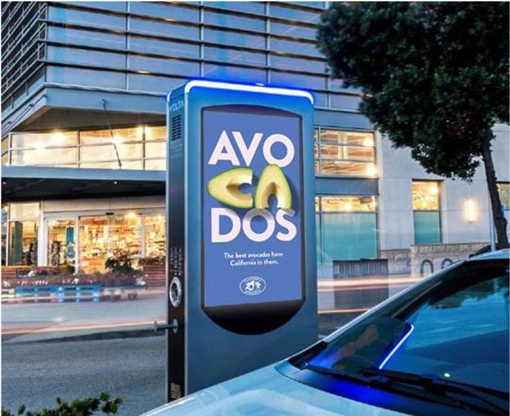 Volta charging stations in high-traffic areas will feature California avocado ads similar to this mock design.