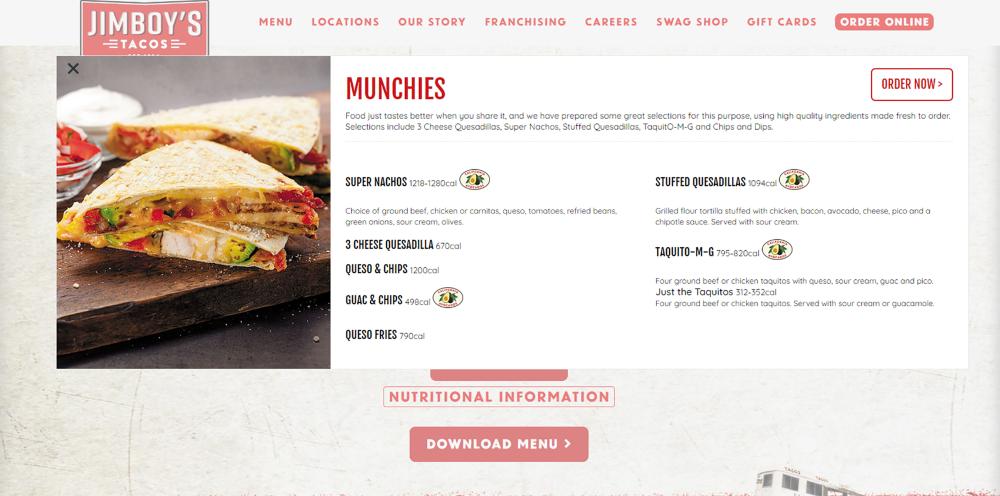 The California Avocados brand logo was prominently featured on Jimboy’s Tacos’ digital menu page.