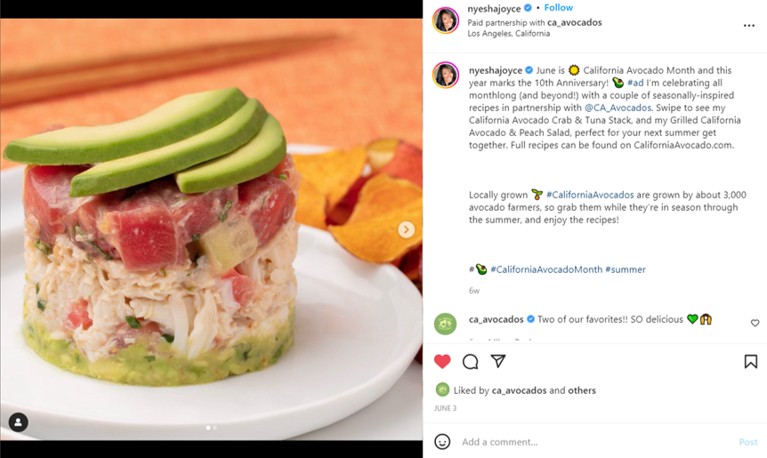 CAC chef partner Nyesha Arrington shared her California avocado inspired recipes with her fans on Instagram.