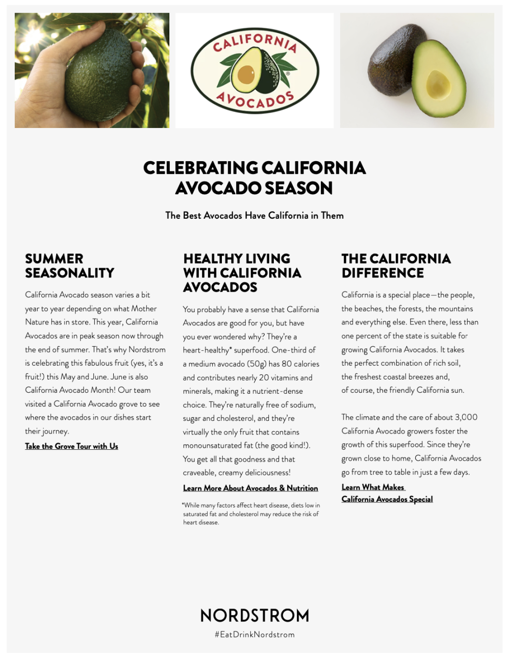 In-store point-of-sale materials at Nordstrom celebrated the unique seasonality and health benefits of California avocados.