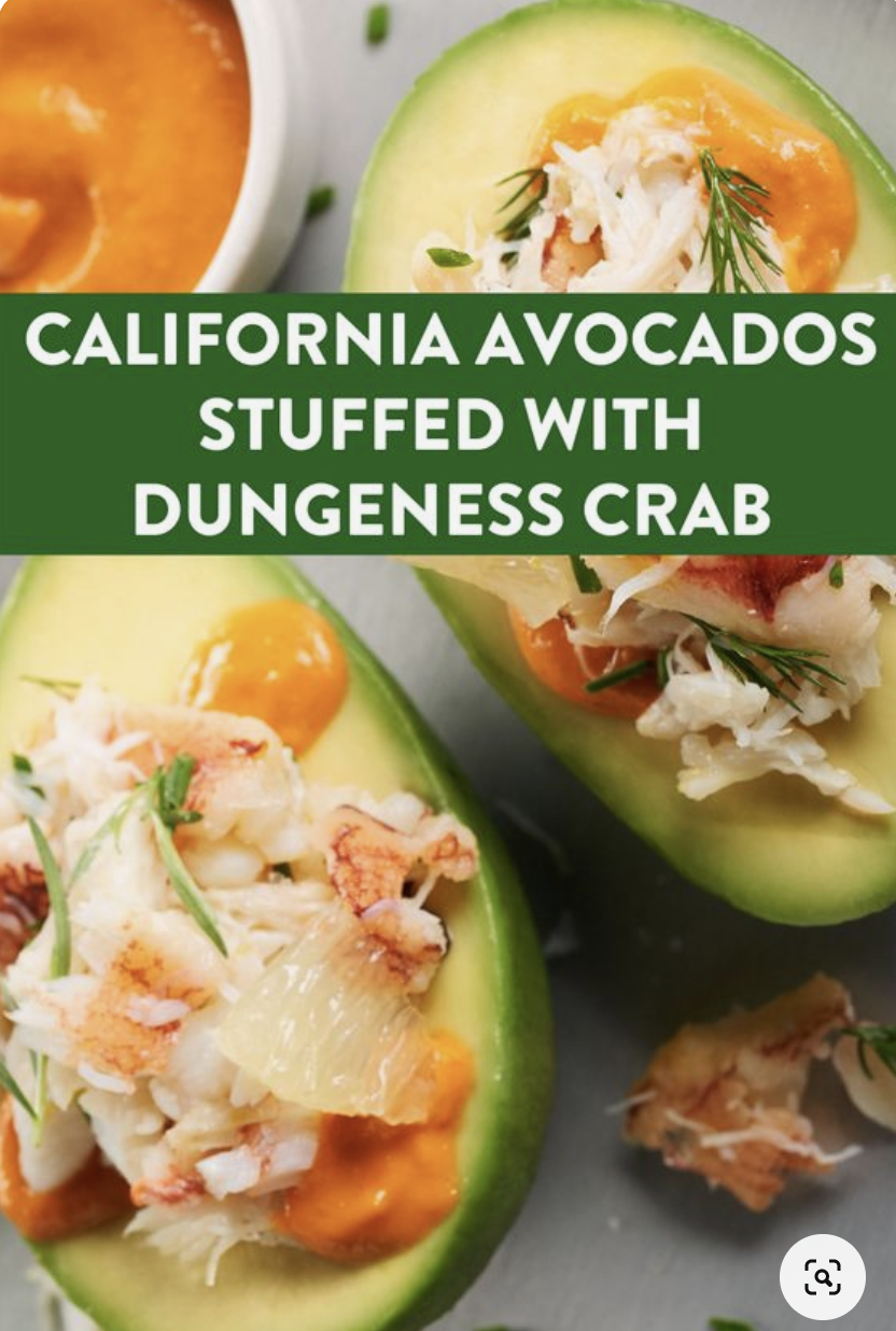 Dungeness crab, a popular seasonal ingredient in California cuisine, was paired with California avocados in this Pinterest Pin.