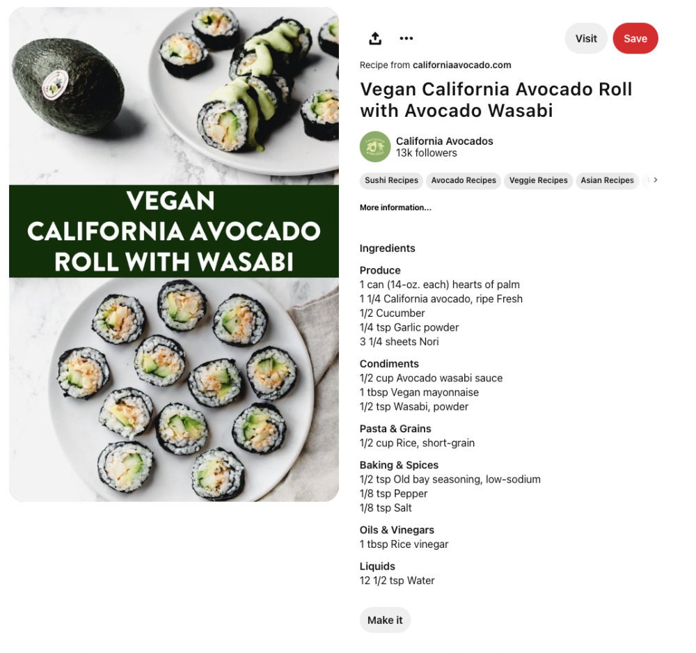 This Pinterest post showcased a delicious and easy-to-prepare vegan recipe — the California Avocado Roll with Avocado Wasabi.