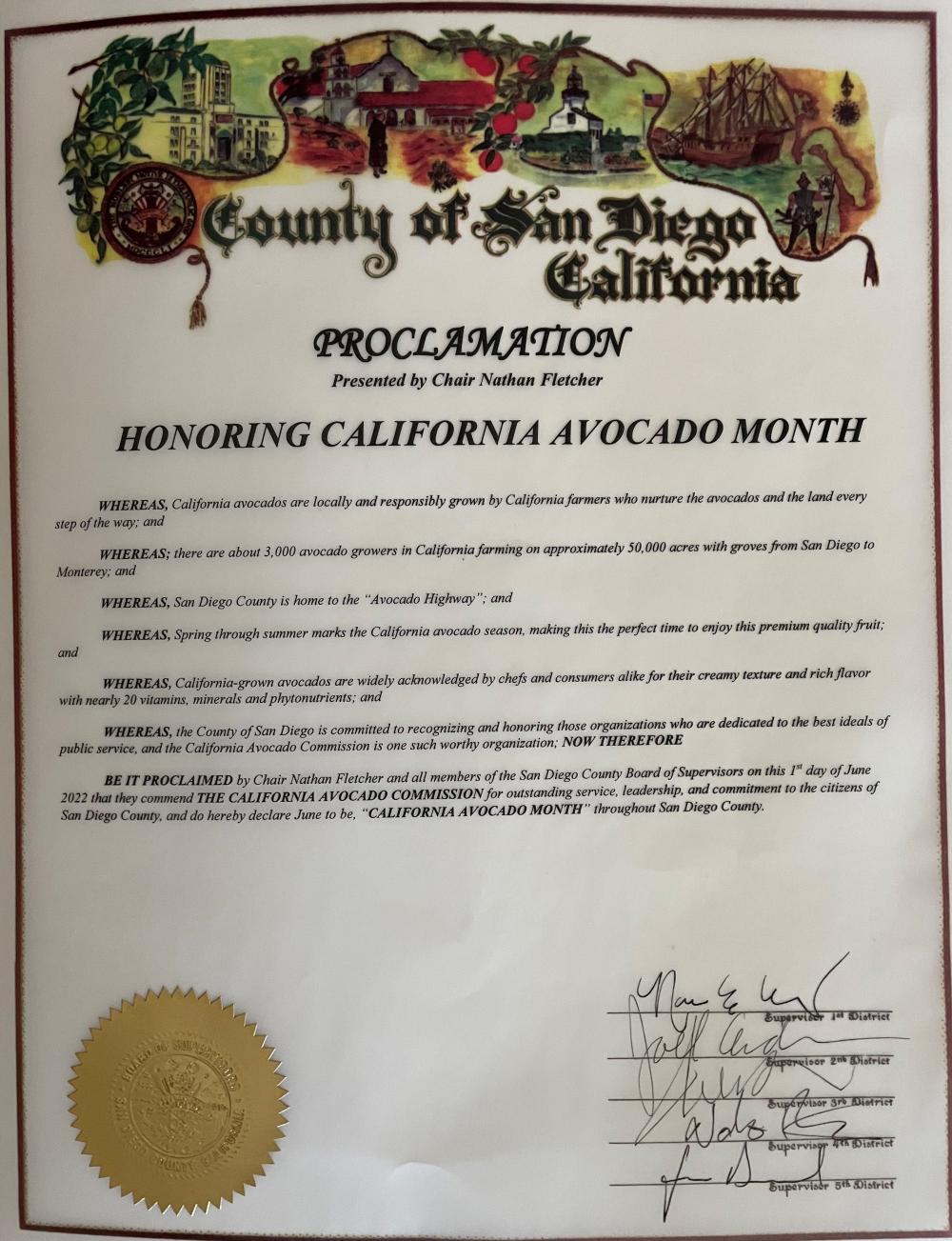 San Diego County District 4 Chair Nathan Fletcher issued a proclamation celebrating California Avocado Month.