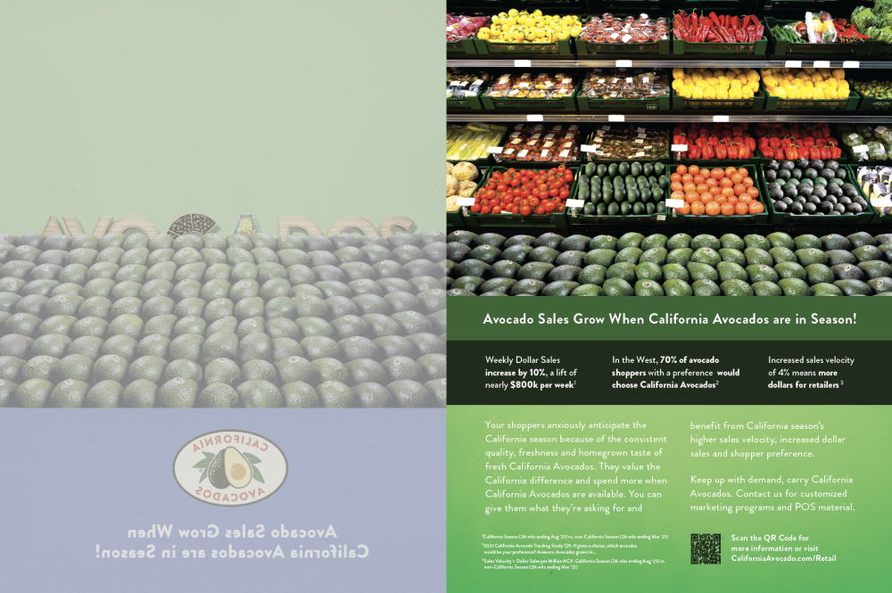 The two-page spread in the Snack magazine features data below a vellum overlay that demonstrates the sales lift and increased dollars generated during California avocado season.