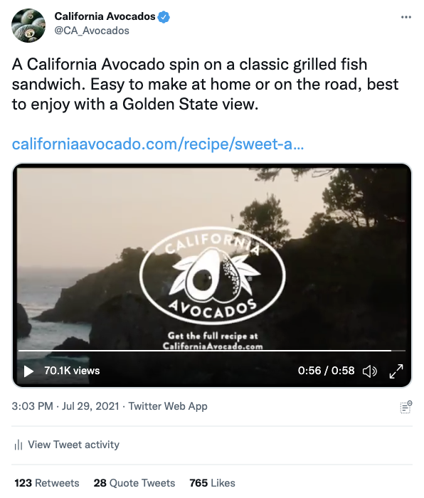 In this road trip recipe video showcased on Twitter, consumers’ interest was piqued with a new take on a classic grilled fish sandwich presented against the background of the Mendocino Headlands.