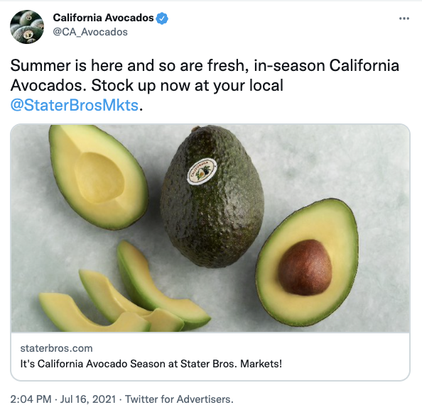 On Twitter, the Commission geo-targeted Premium Californians near specific retailer stores encouraging them to enjoy in-season California avocados.