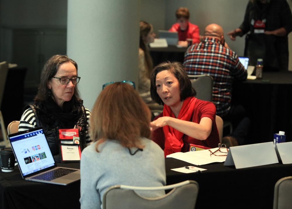 CAC foodservice team members Susan Hughes and Kim Kurata pitching California avocado editorial ideas to Winsight (Restaurant Business and FoodService Director) editor, Pat Cobe. Photo credit:  Buzz Orr Multimedia