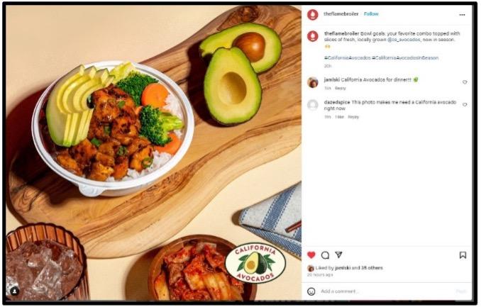 Flame Broiler May 8 post featuring locally grown California avocados on the menu.