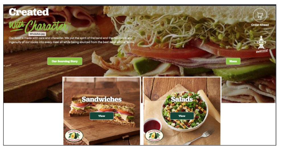 Erik’s DeliCafé website promoting in-season California avocados on sandwiches and salads.