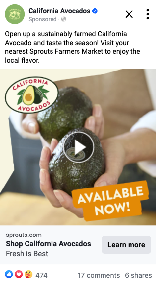 In-season reminder ads, like this example with Sprouts Farmers Market, drove traffic to the online store locator to encourage a visit and purchase.