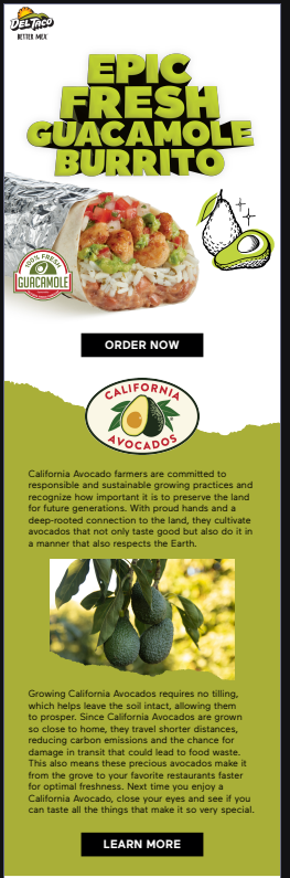 Del Taco enewsletter supporting California avocado growers