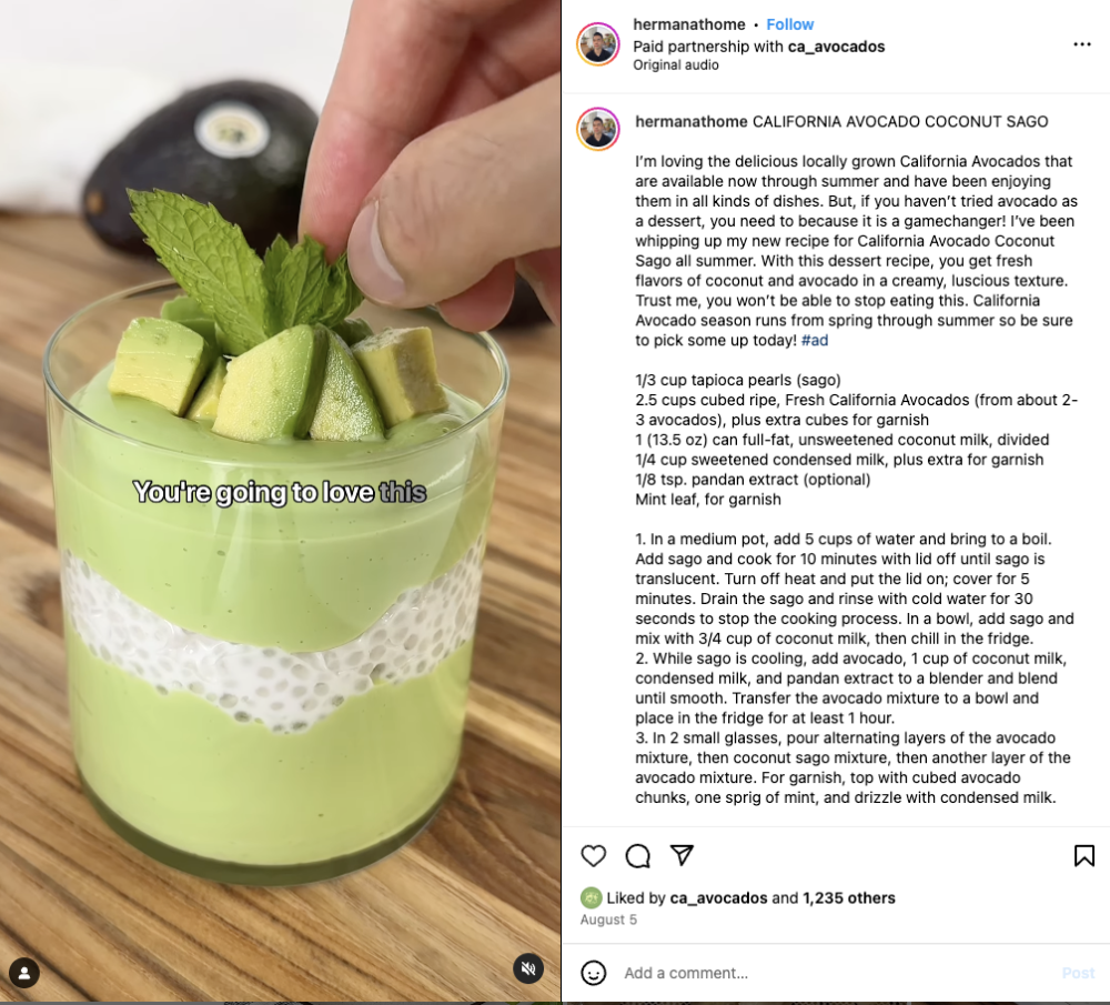 Food influencer Herman Chan created a sweet California Avocado Coconut Sago dessert.