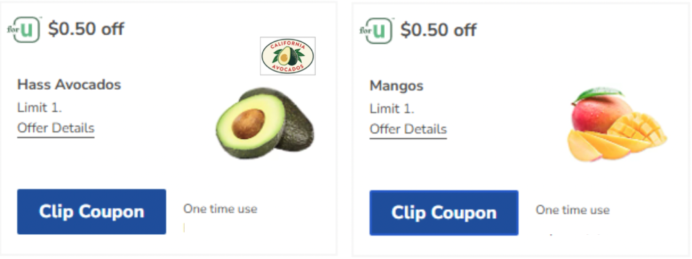 Cross-promotional avocado and mango coupon offers on Safeway.com