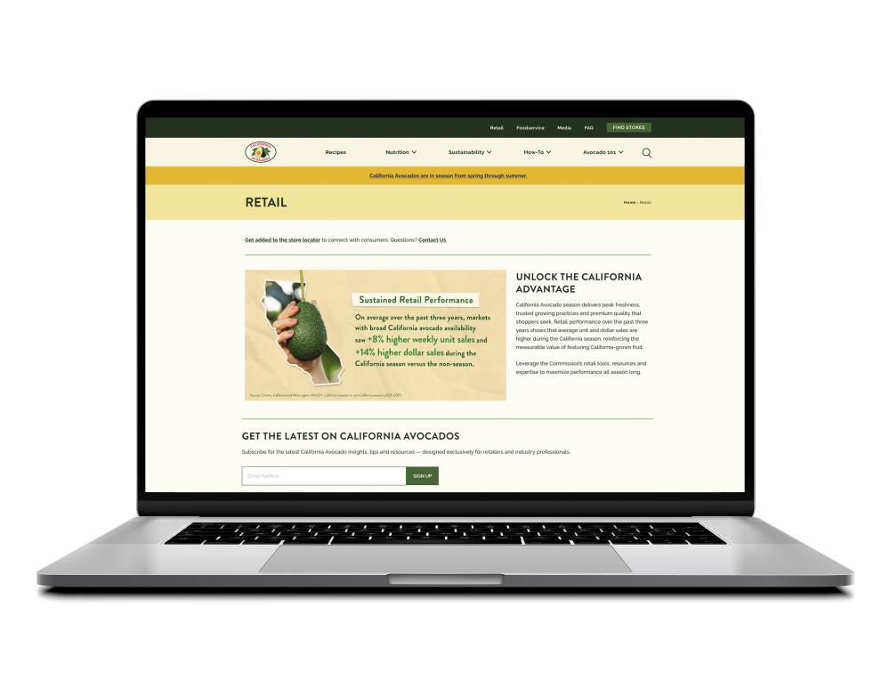 The retail webpage aligns with the trade advertising messaging, highlighting the benefits of carrying California avocados in-store.