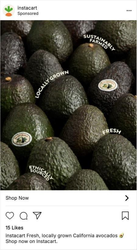 Shoppable Instacart Meta ad for California avocados with a “Shop Now” call to action.