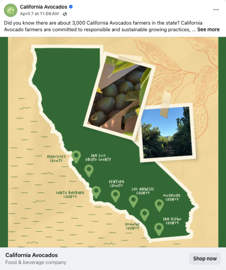 Top-performing Facebook post highlighting California Avocado growing regions and the community of growers across the state. 