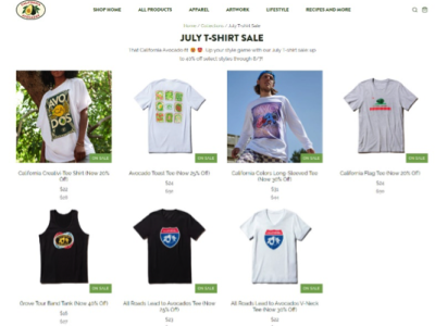 Seven California avocado themed t-shirts are on sale through August 7.