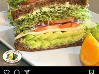 The California Avocados brand logo is placed prominently alongside the appetizing image of a sandwich featuring fresh slices of the fruit in Erik’s DeliCafe Instagram posting.