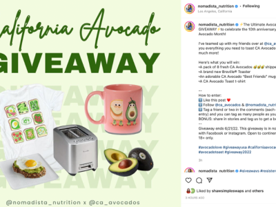 Mascha Davis’ “toast” to the 10th Anniversary of California Avocado Month Giveaway.