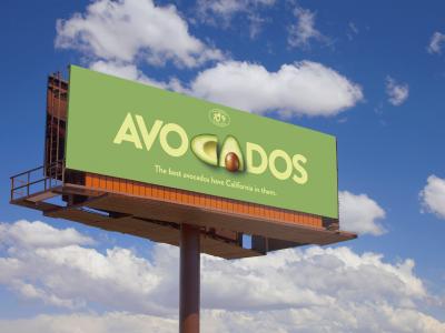 A mock-up of an outdoor billboard featuring “Hero Avocado“ ad from the best avocados have California in them creative.