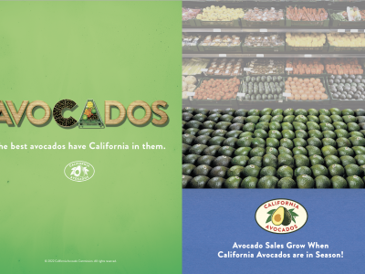 The Snack ad features California avocados in a grocery setting to showcase in-season avocado sales.