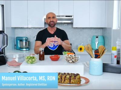 Manuel Villacorta, MS, RDN shares nutrition messages during his California Avocado Veggie-Packed Meatloaf recipe video.