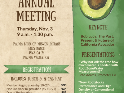 The California Avocado Society’s Annual Meeting will take place in person on Thursday, November 3.