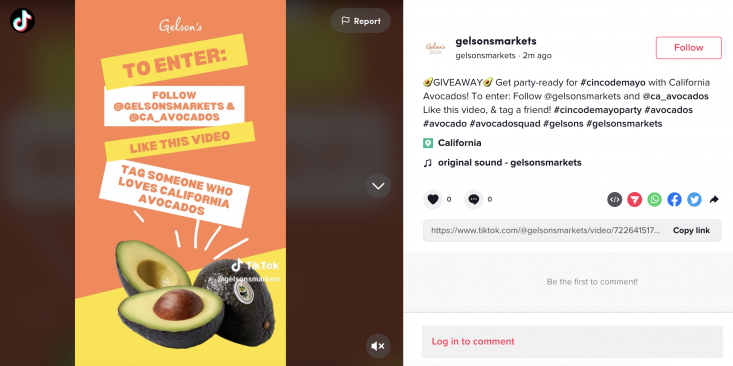 Gelson’s Markets invited customers to enter a California avocado giveaway via TikTok, Instagram and Facebook.